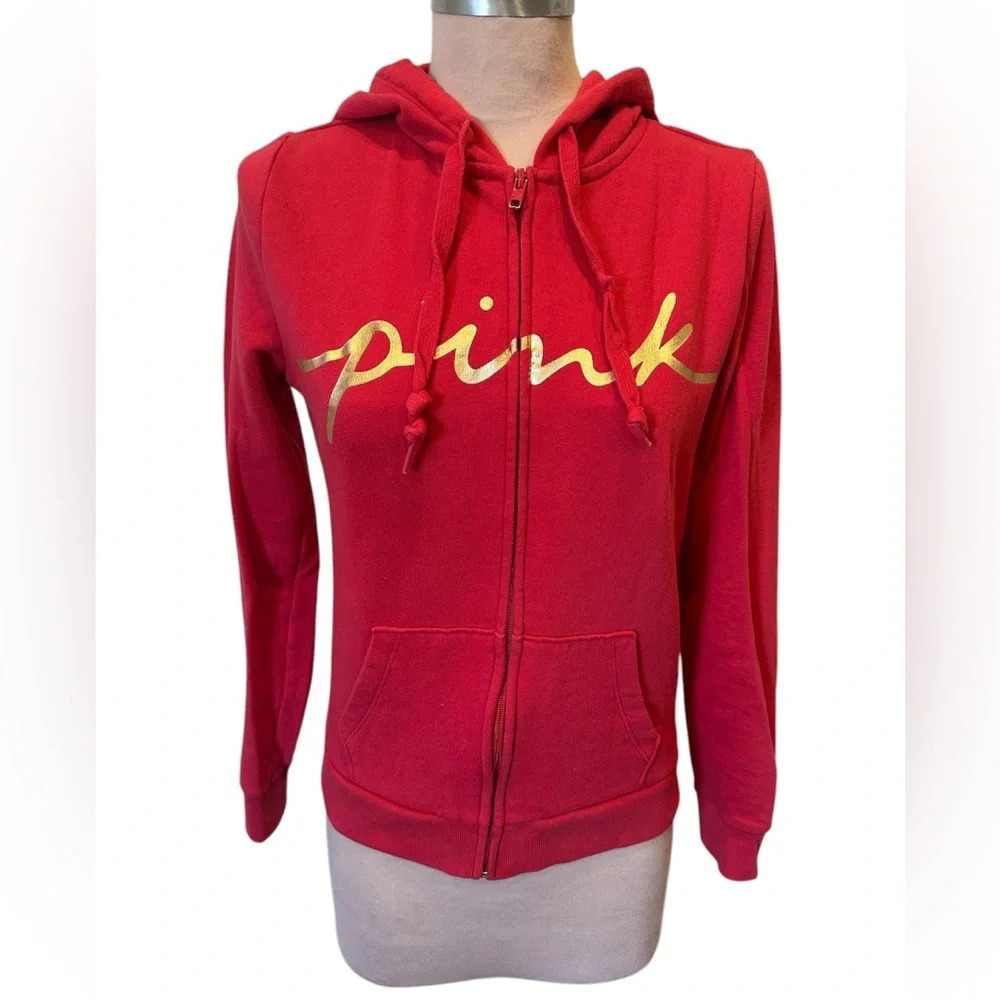 Victoria’s Secret PINK Red Full-Zip Hoodie with Gold Logo Size XS